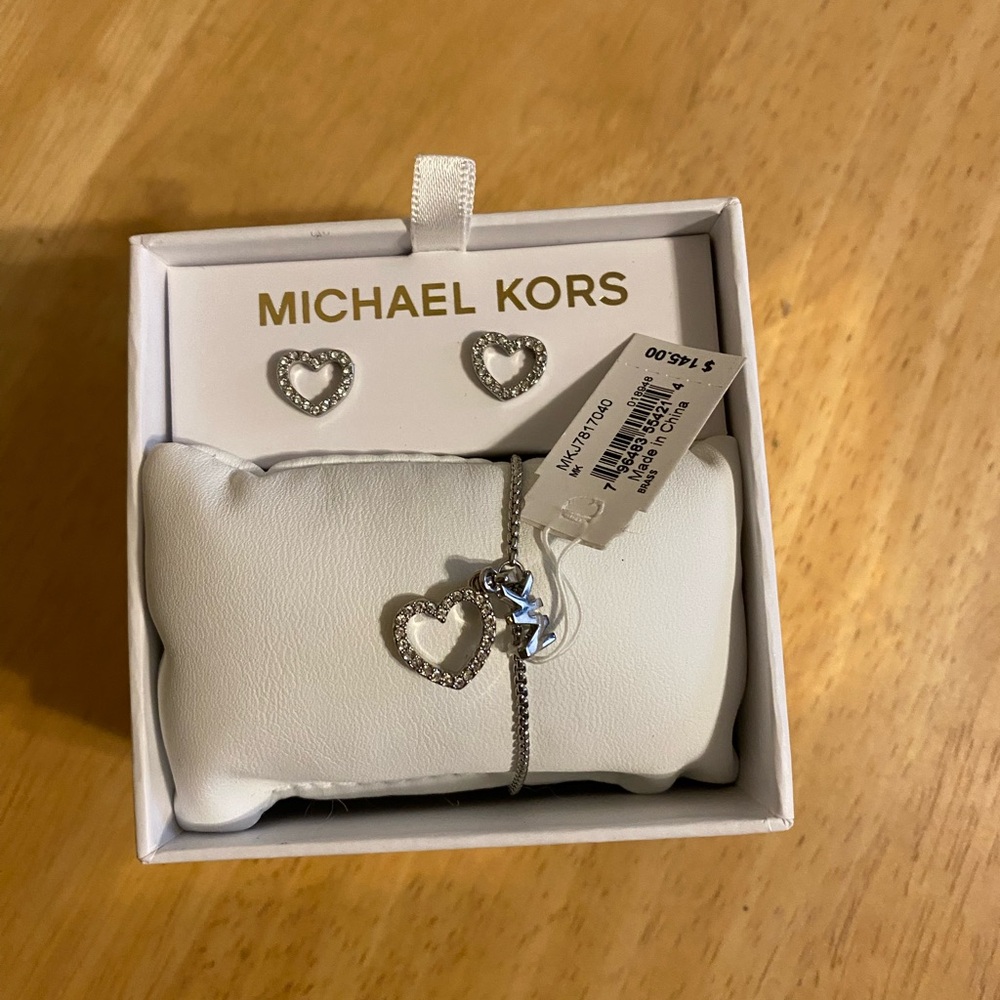 Michael Kors Silver and Diamond Heart Earrings and Bracelet
